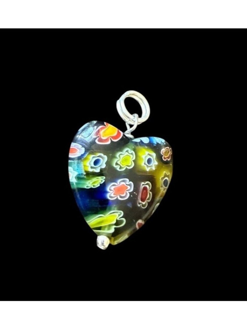 Murano Millefiori Glass Heart Charm Sterling Silver 925 Italy Floral 3/4”